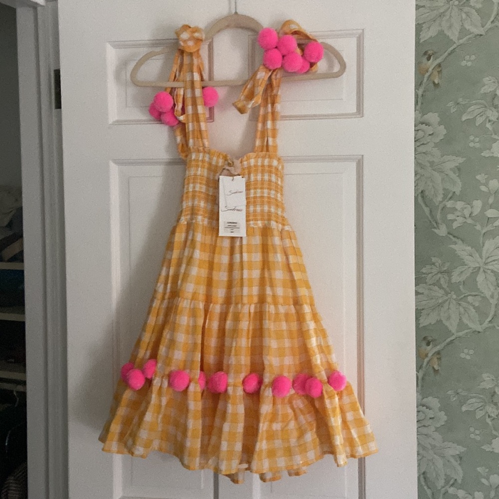 Sundress Pippa Short Dress in Yellow Gingham & Pink Pom Pom Accents - size xs/sm - Picture 5 of 7